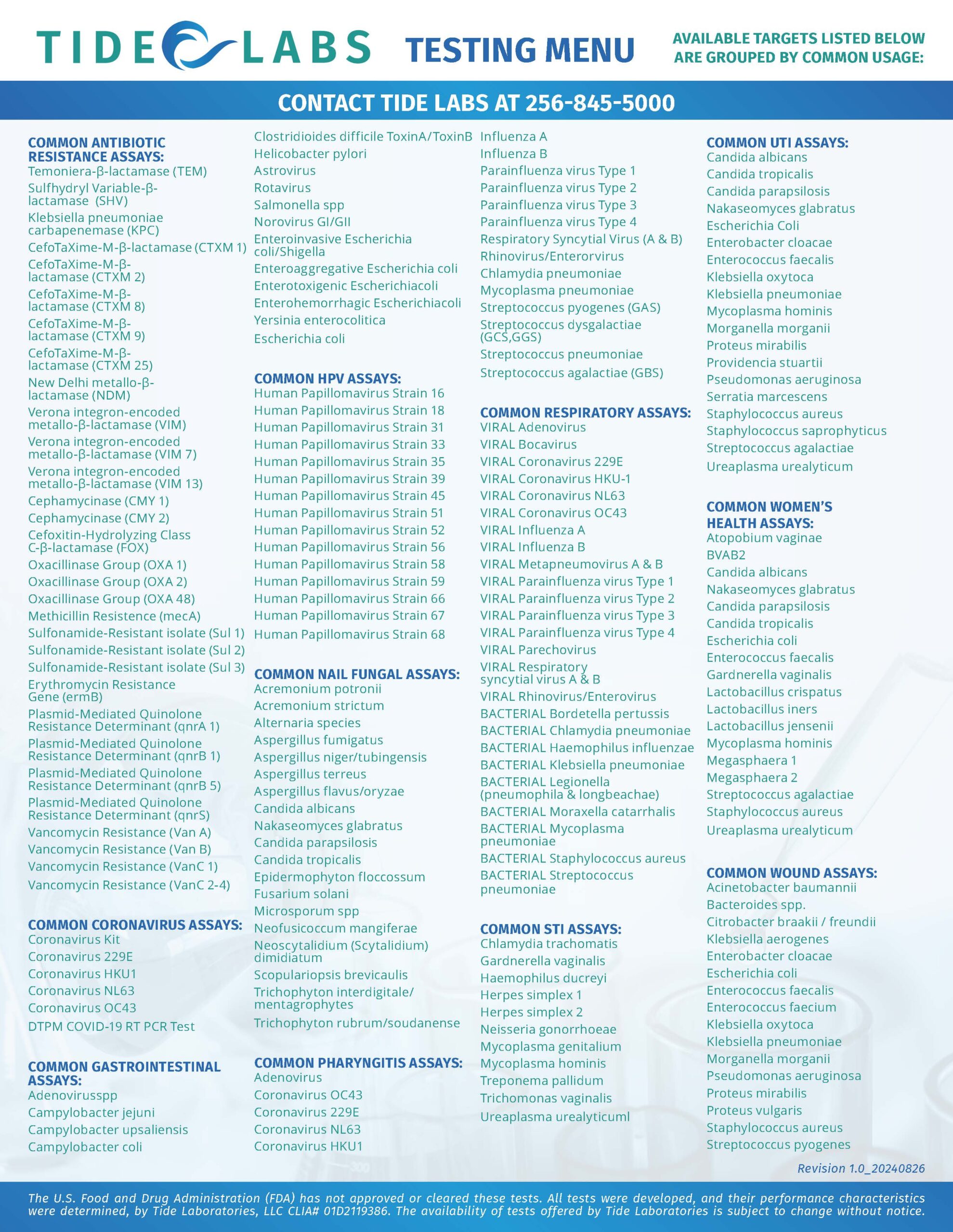 Tide Labs Testing Menu